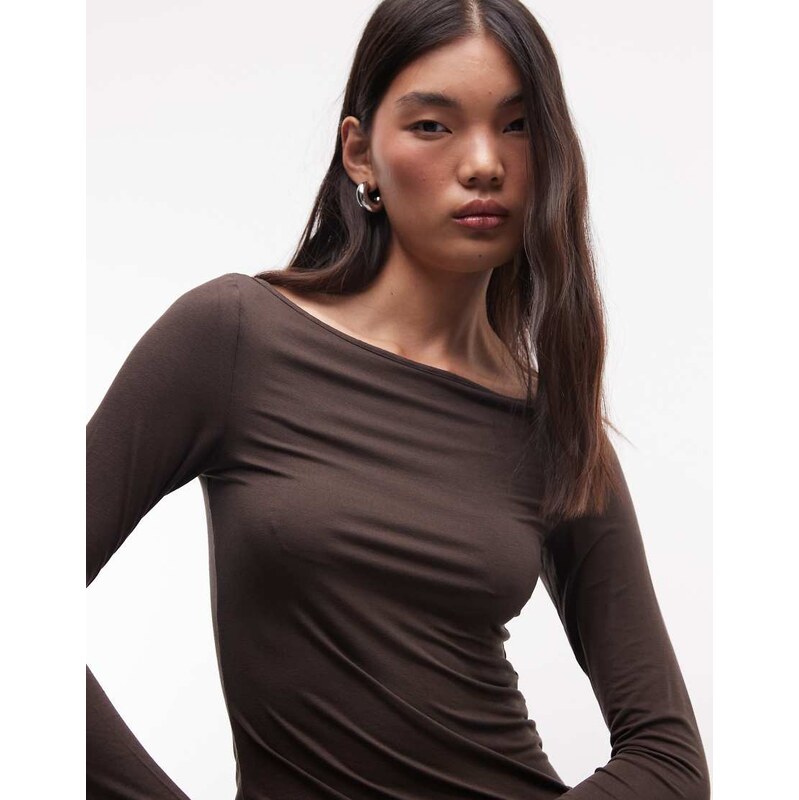 Monki boatneck sheer long sleeve top in dark brown