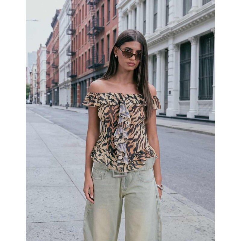 Lioness Timeless off shoulder ruffle detail top in tiger print