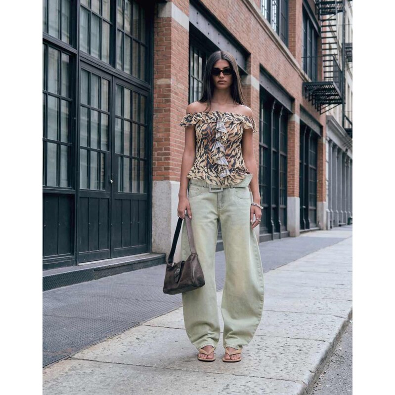 Lioness Dynasty wide belt detail barrel leg jeans in washed