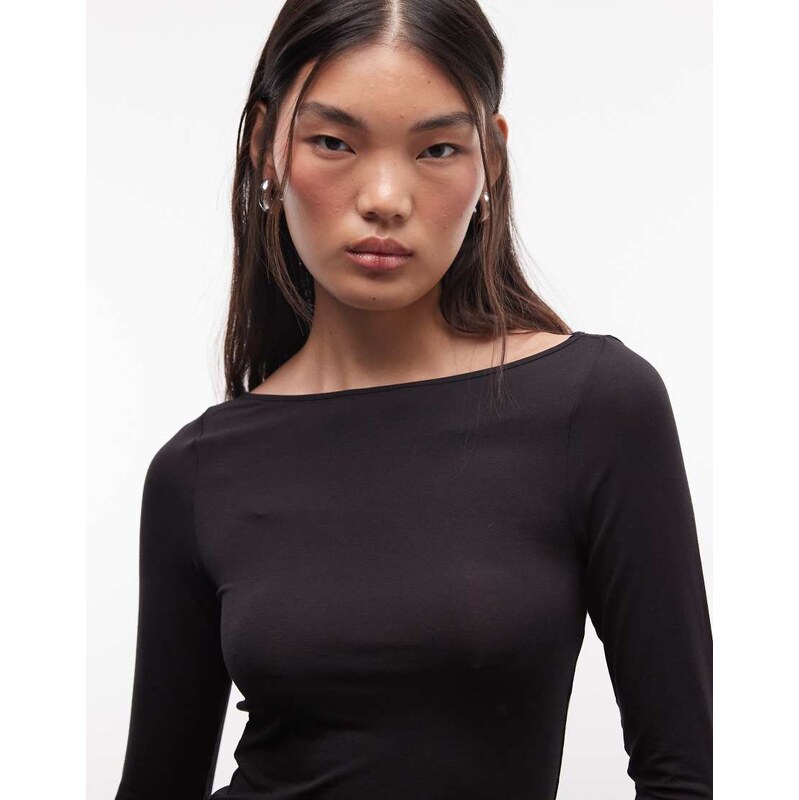 Monki boatneck sheer long sleeve top in black