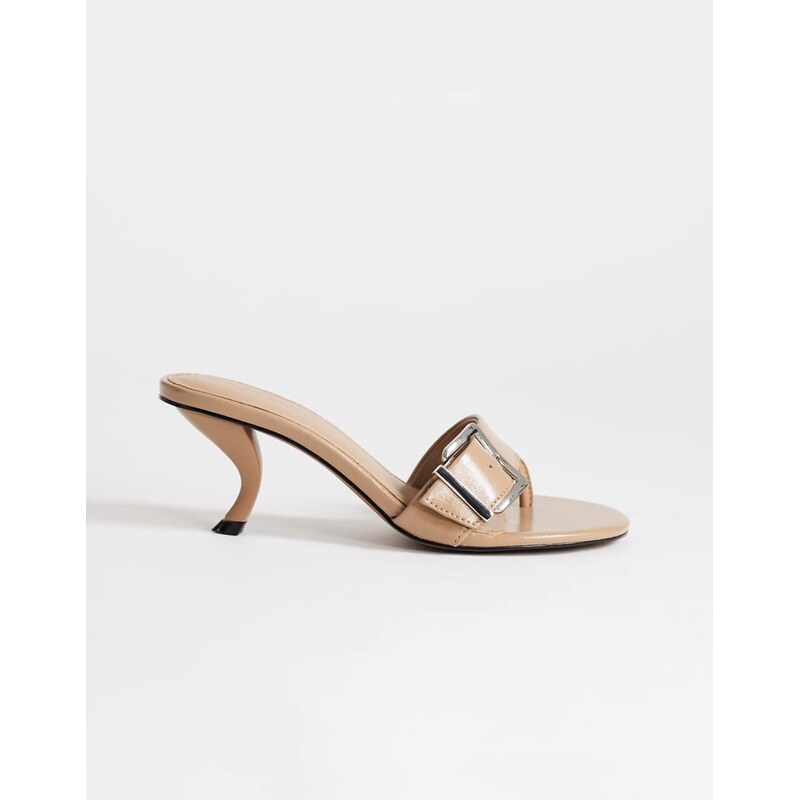 Topshop Nadine mid heeled mule with buckle in taupe-White