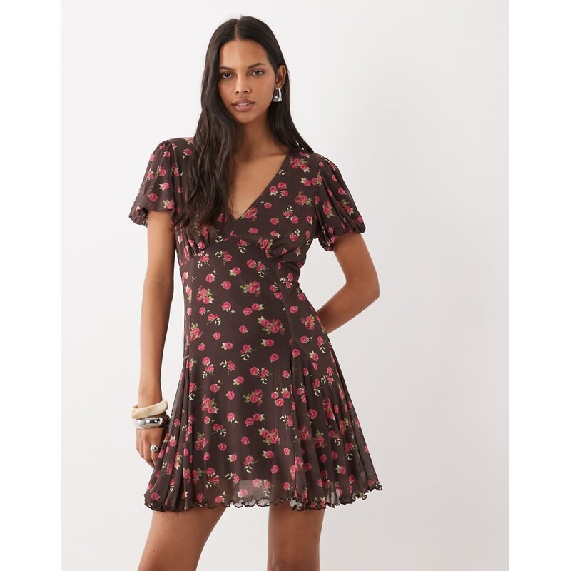 New Look v neck mesh mini dress in brown pattern