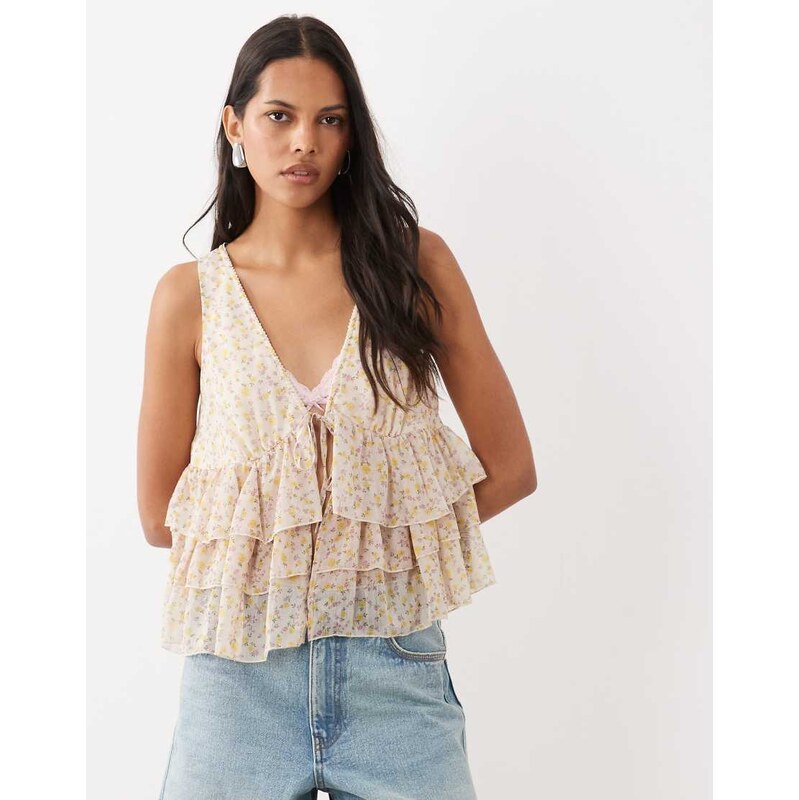 Miss Selfridge tiered tie front top in ditsy print-Multi