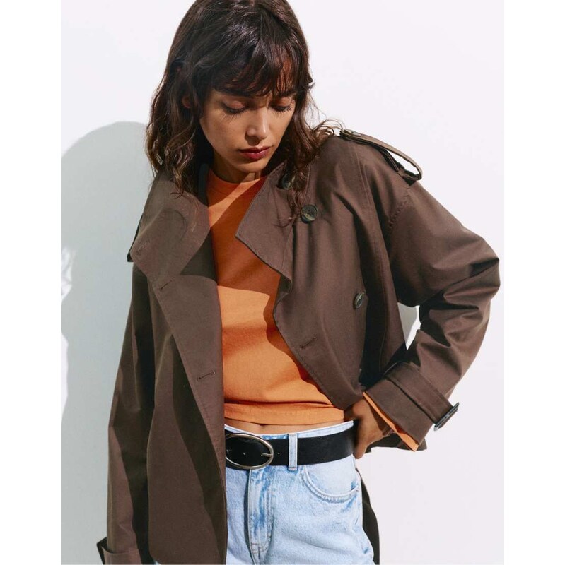Pull&Bear Short belted trench coat in brown