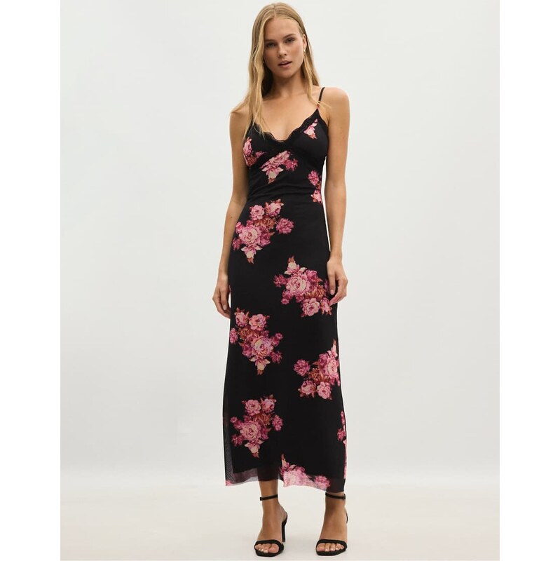 Stradivarius Printed tulle midi dress with lace trim in black