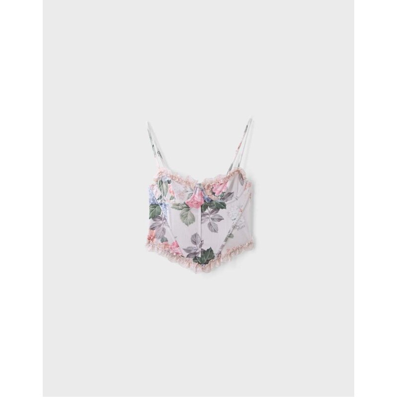 Stradivarius Fitted floral print cropped top in stone-White