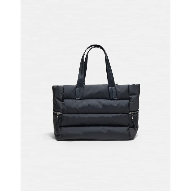 Stradivarius Quilted shoulder shopper bag in black