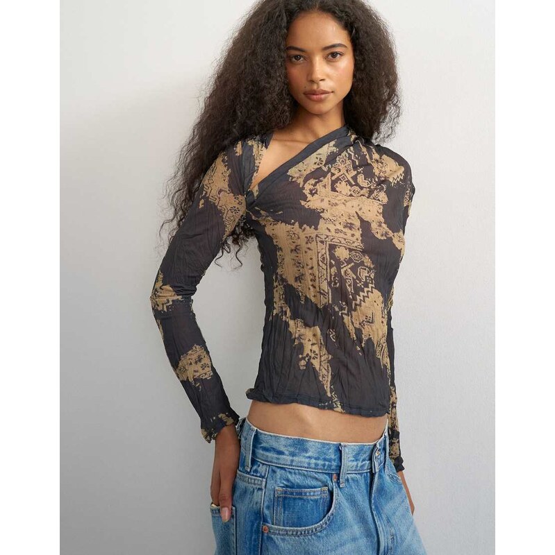 Topshop crinkle mesh print asymmetric neck long sleeve top in