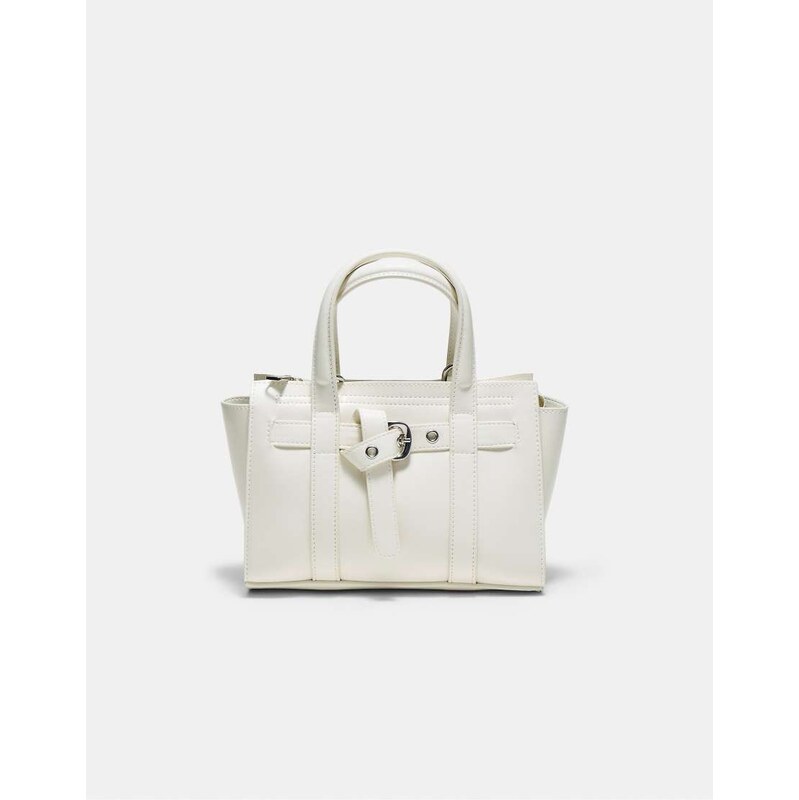 Stradivarius Mini tote bag with buckle in ecru-White