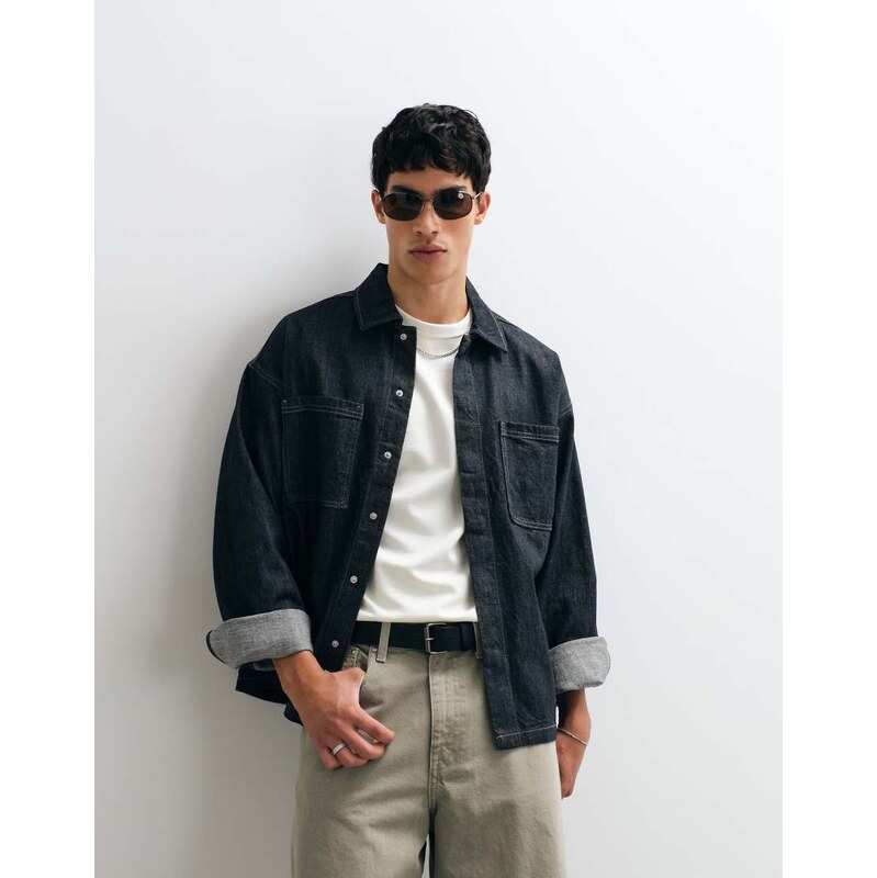 Jack & Jones double pocket overshirt in raw wash-Grey