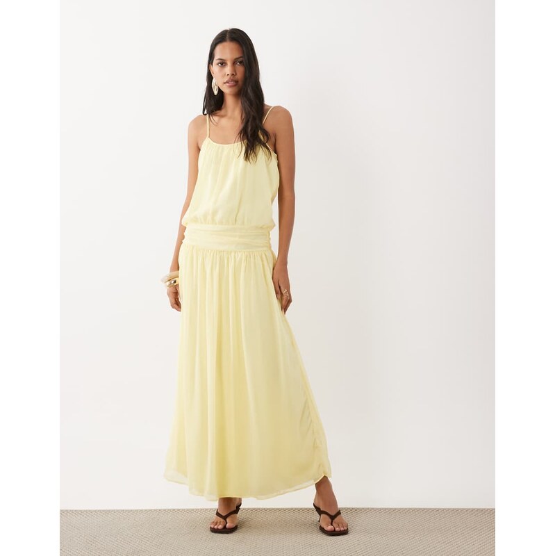 ASOS DESIGN chiffon drop waist maxi dress in buttermilk-Yellow