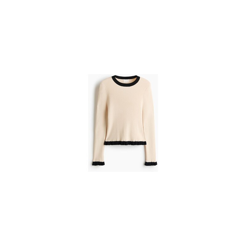 H&M - Top z žebrovaného úpletus řasenými lemy - Krémová