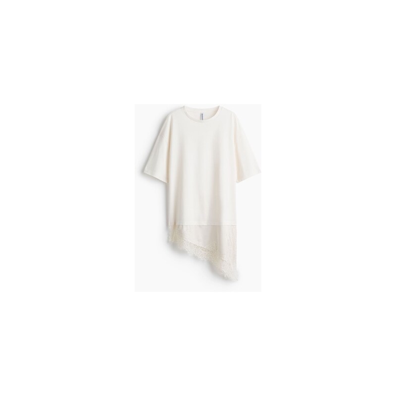 H&M - Asymetrické tričkos krajkovým lemem - Krémová