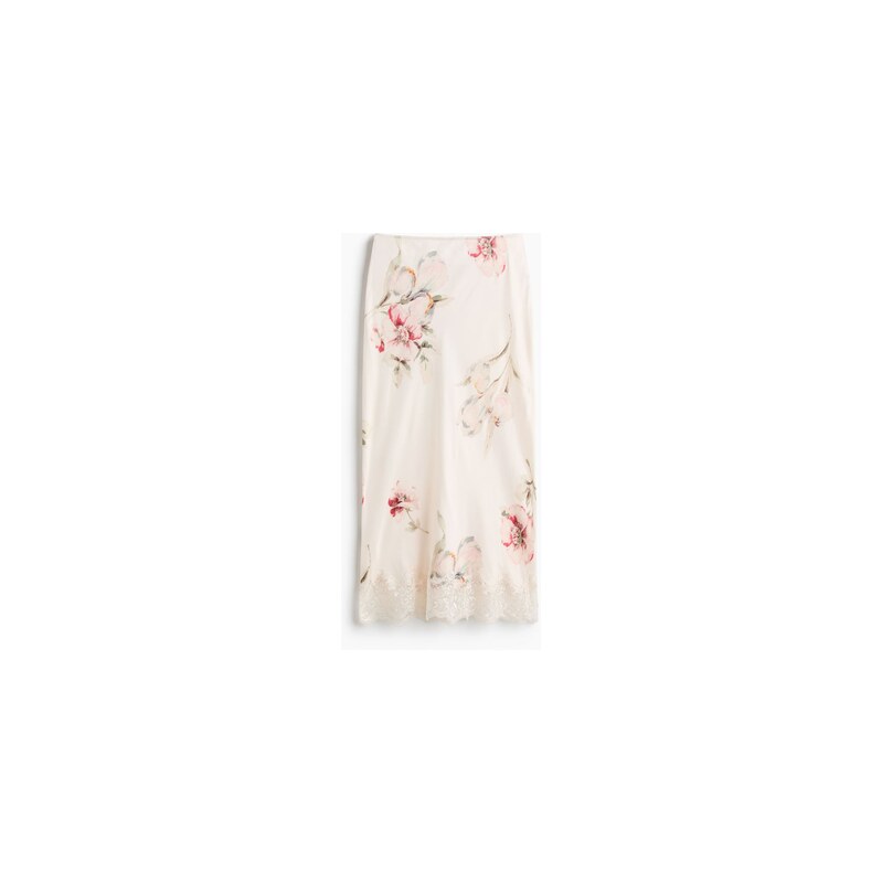 H&M - Midi sukně s krajkovým lemem - Slonovinová/Květy