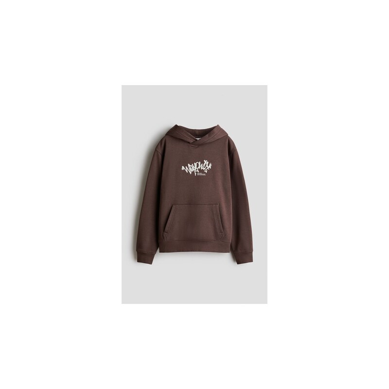 H&M - Mikinas česaným rubem, potiskem a kapucí - Tmavě Hnědá