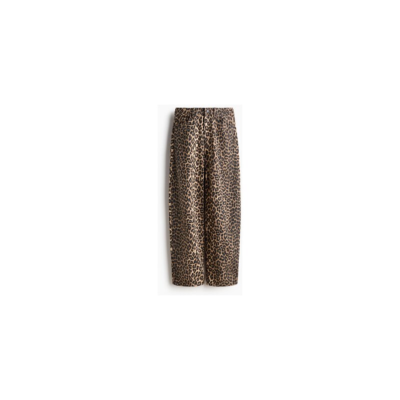 H&M - Barrel High Waist Jeans - Béžová/Leopardí Potisk
