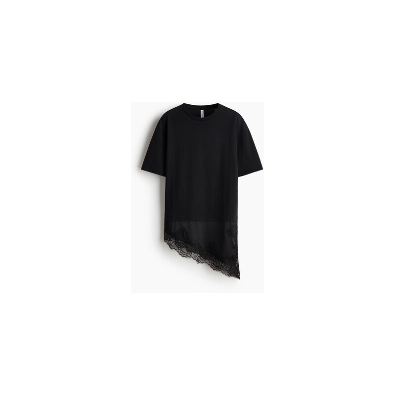 H&M - Asymetrické tričkos krajkovým lemem - Černá