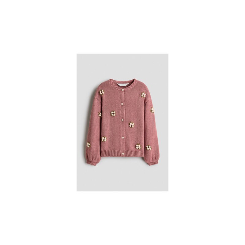 H&M - Bavlněný propínací svetrs výšivkami - Tlumená Růžová
