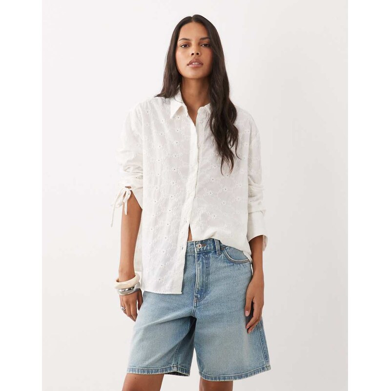 Miss Selfridge broderie oversized shirt in cream-White