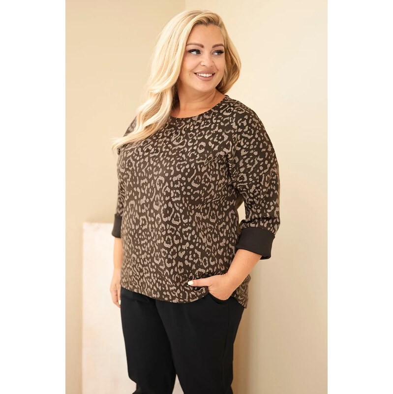 K-Fashion Dámská halenka Plus Size s leopardím vzorem s delším