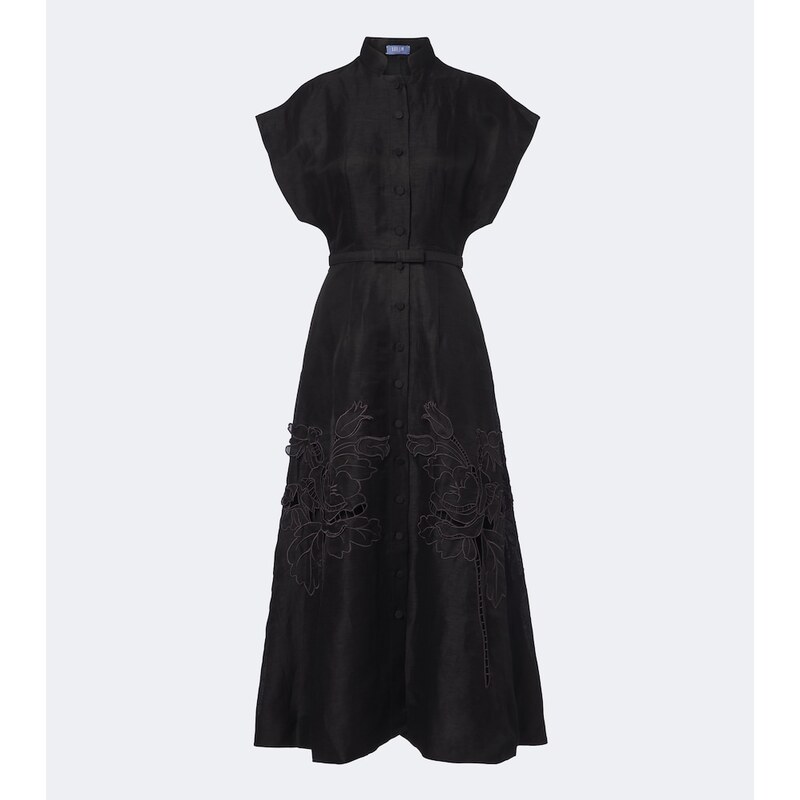 Leo Lin Aubrey floral-appliqué linen-blend midi dress