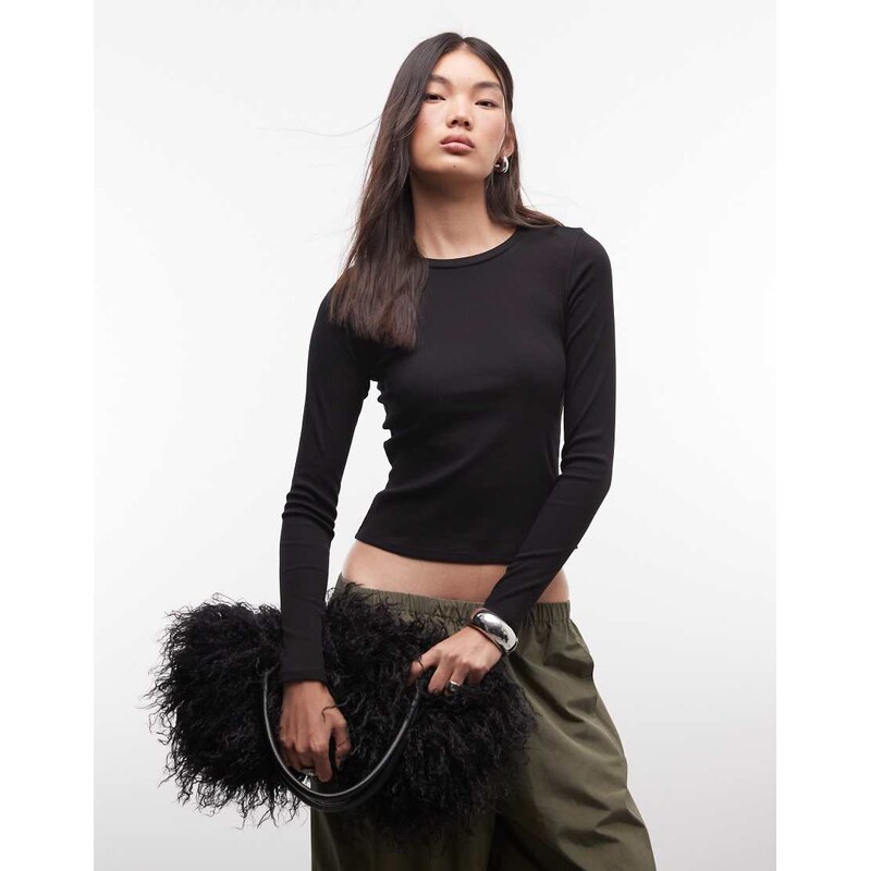 Monki ribbed long sleeve top in black