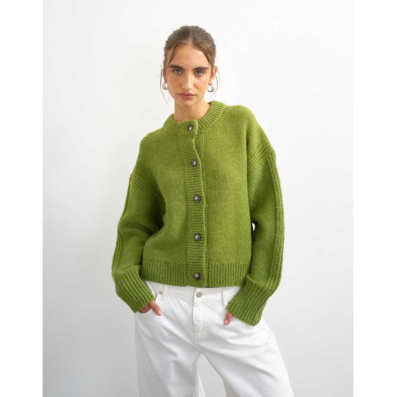 Topshop knitted boxy pointelle deep rib cardigan in green