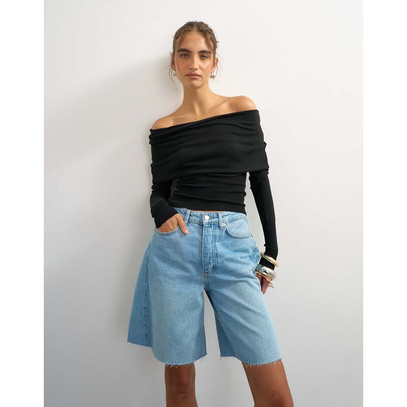 Topshop knitted bardot top in black