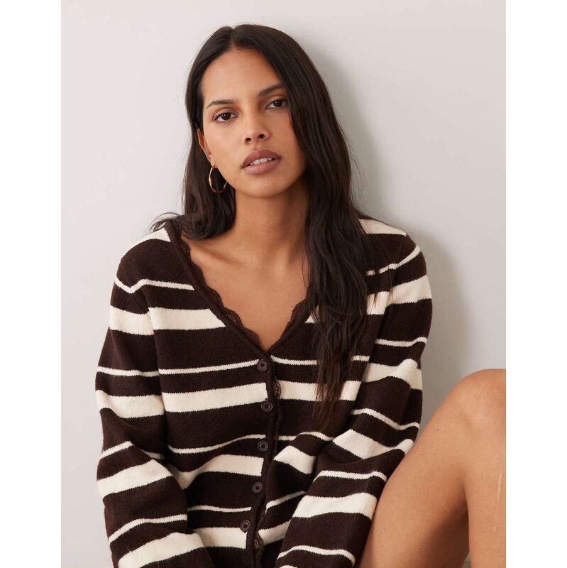 Miss Selfridge stripe cardigan co-ord with lace trim-Brown