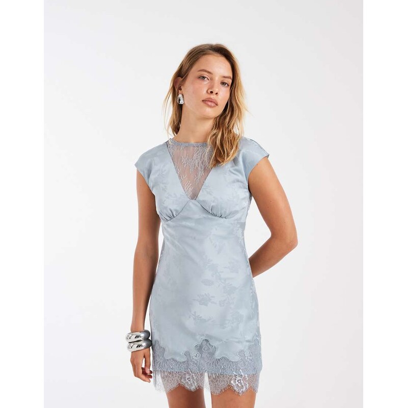 Kiss the Sky v neck lace jacquard mini dress in blura aura-Blue
