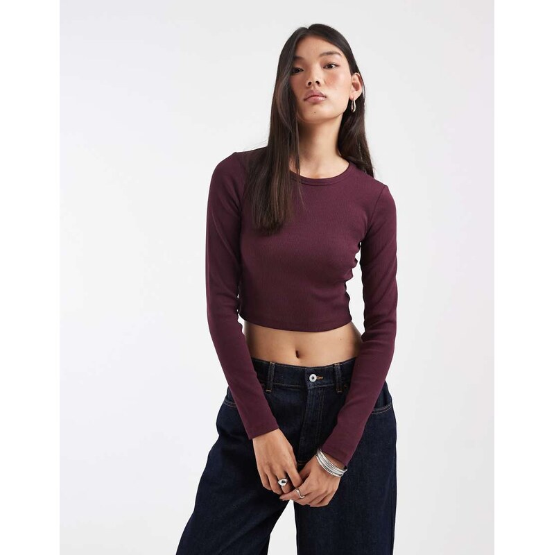 JJXX Feline ribbed crop top in deep burgundy-Red
