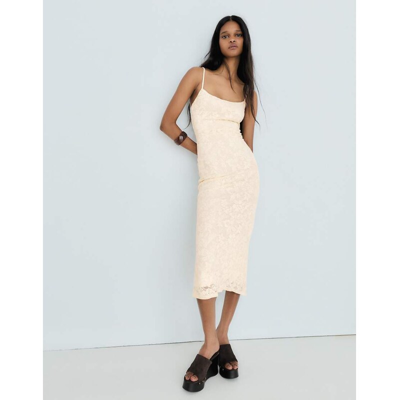 Bershka Rustic strappy midi dress in ecru-White
