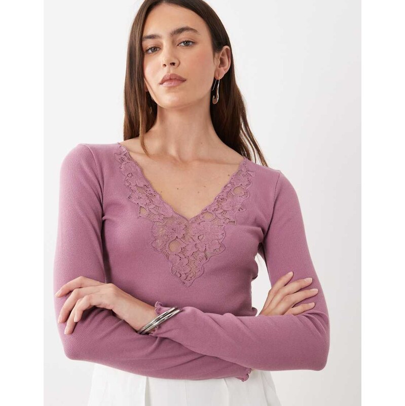 Miss Selfridge lace insert long sleeve top in mauve-No colour
