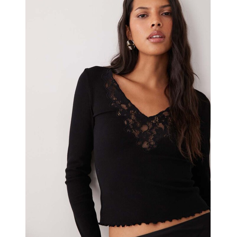 Miss Selfridge lace insert long sleeve top in black