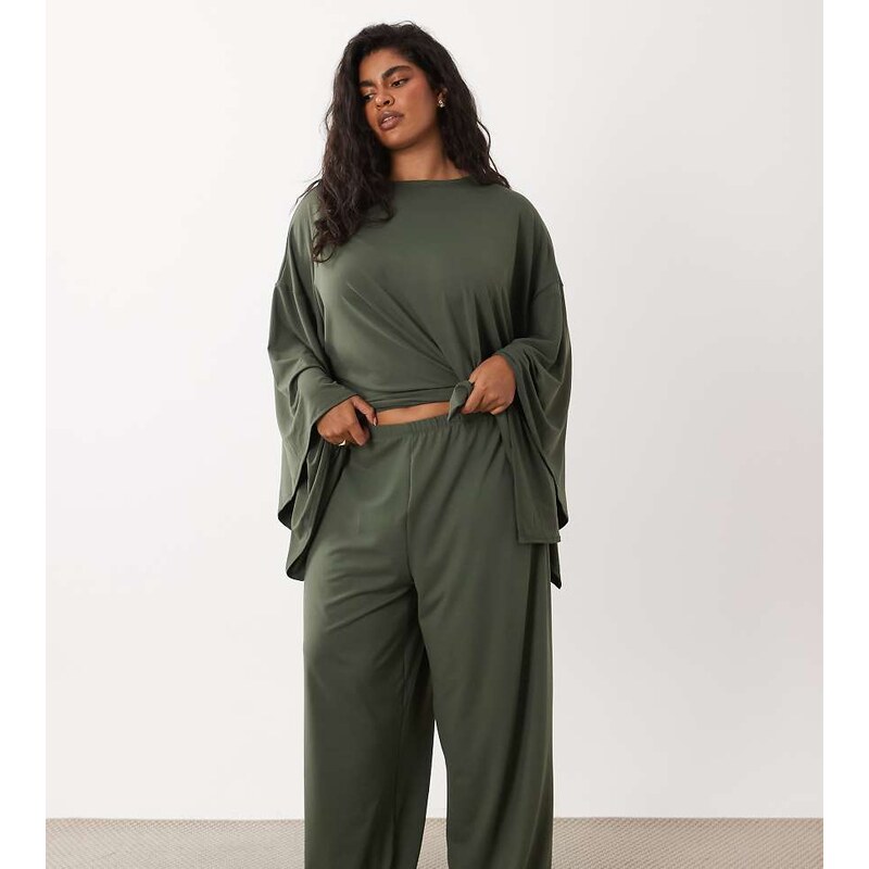 ASOS Curve ASOS DESIGN Curve wide leg co-ord trouser in khaki