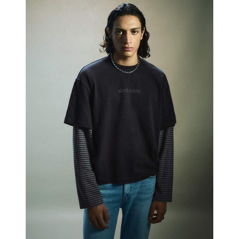 Bershka Double-sleeve stud t-shirt in grey