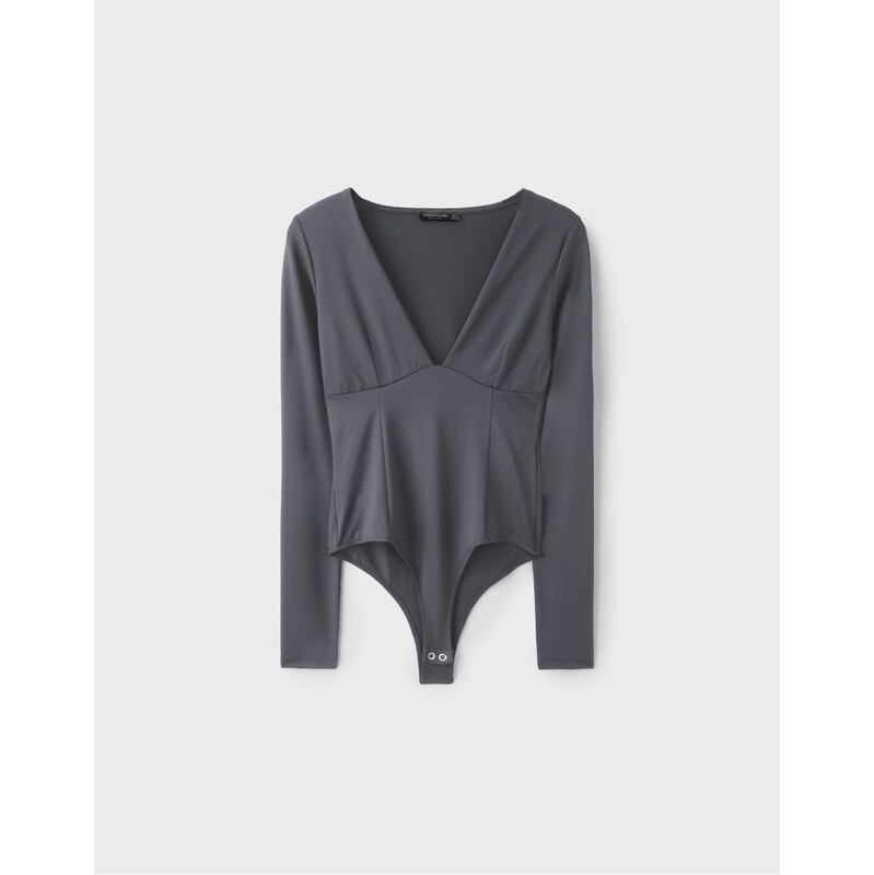 Stradivarius V-neck bodysuit with under-bust gathering in dark