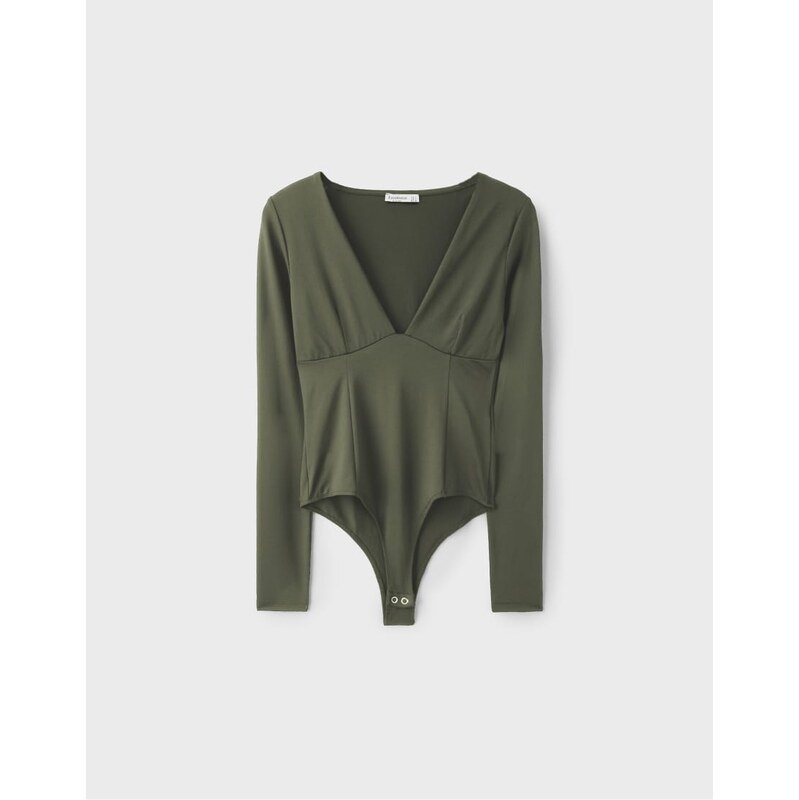 Stradivarius V-neck bodysuit with under-bust gathering in khaki