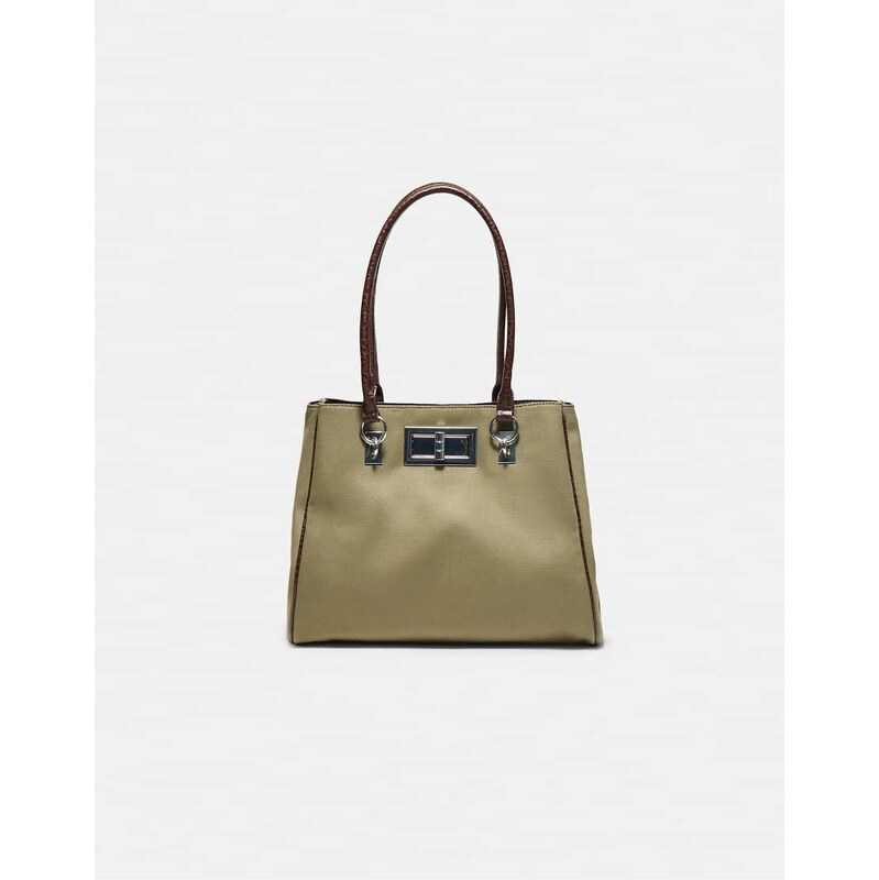 Stradivarius Shopper bag with metal closure in khaki-Green
