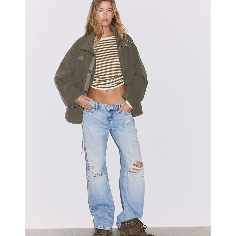 Stradivarius Cropped oversize jacket in khaki-Green