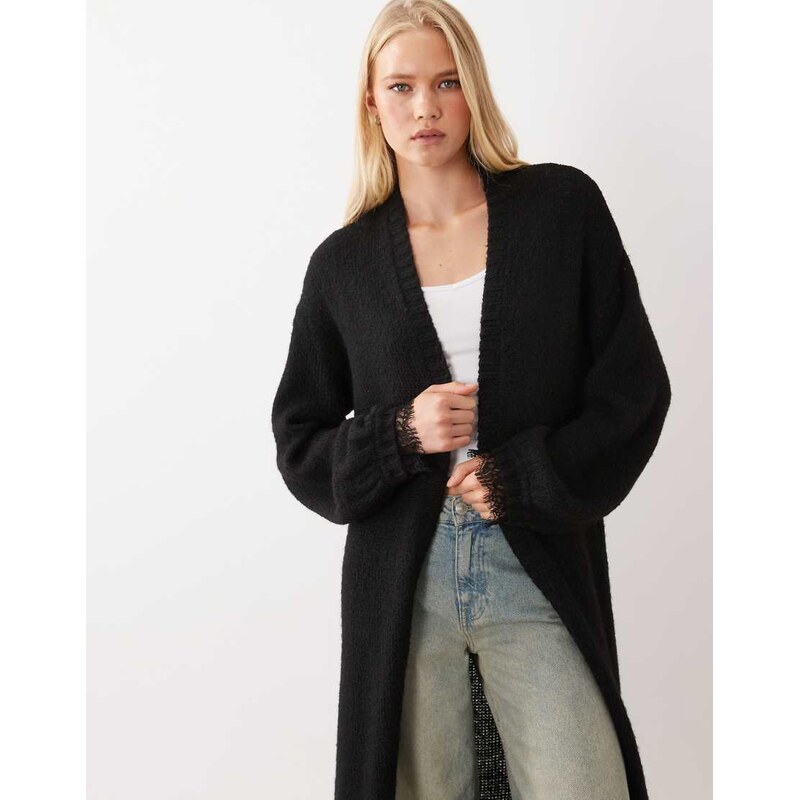 Miss Selfridge maxi cardigan with lace cuff detail in black