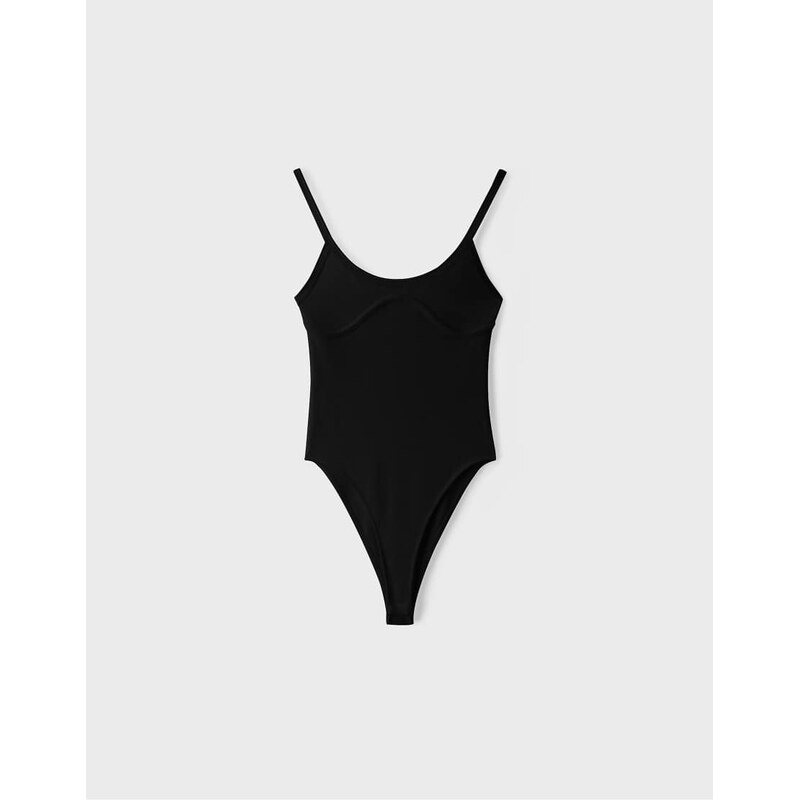 Stradivarius Ribbed corset-detail bodysuit in black