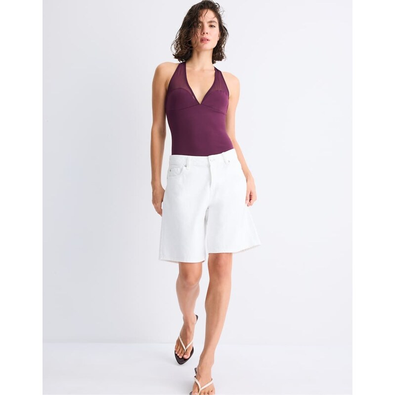 Stradivarius Mesh halter bodysuit in purple