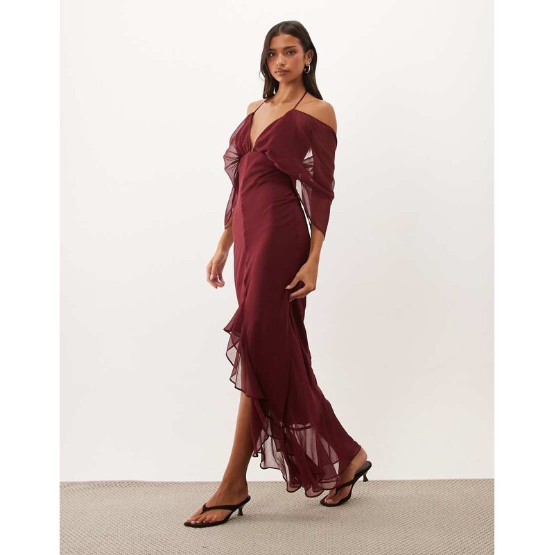 ASOS DESIGN shoulder skim bias hi-low hem maxi dress in berry
