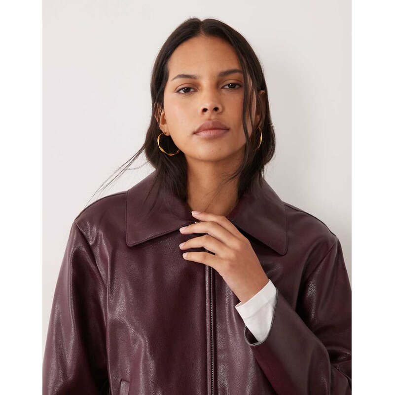 Mango faux leather jacket in burgundy-Red
