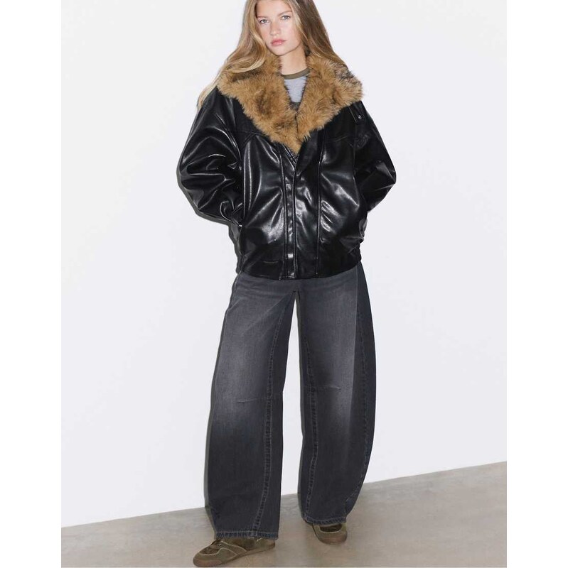 Stradivarius Oversize faux fur collar jacket in black