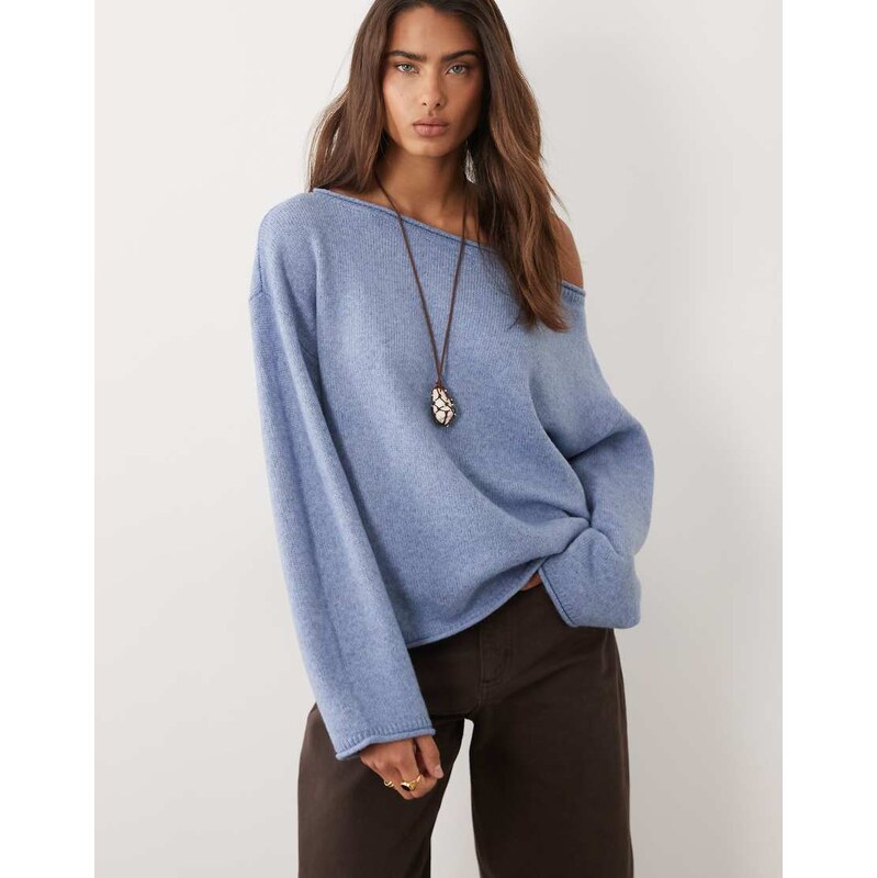 ASOS DESIGN slouchy off the shoulder jumper with wool in blue