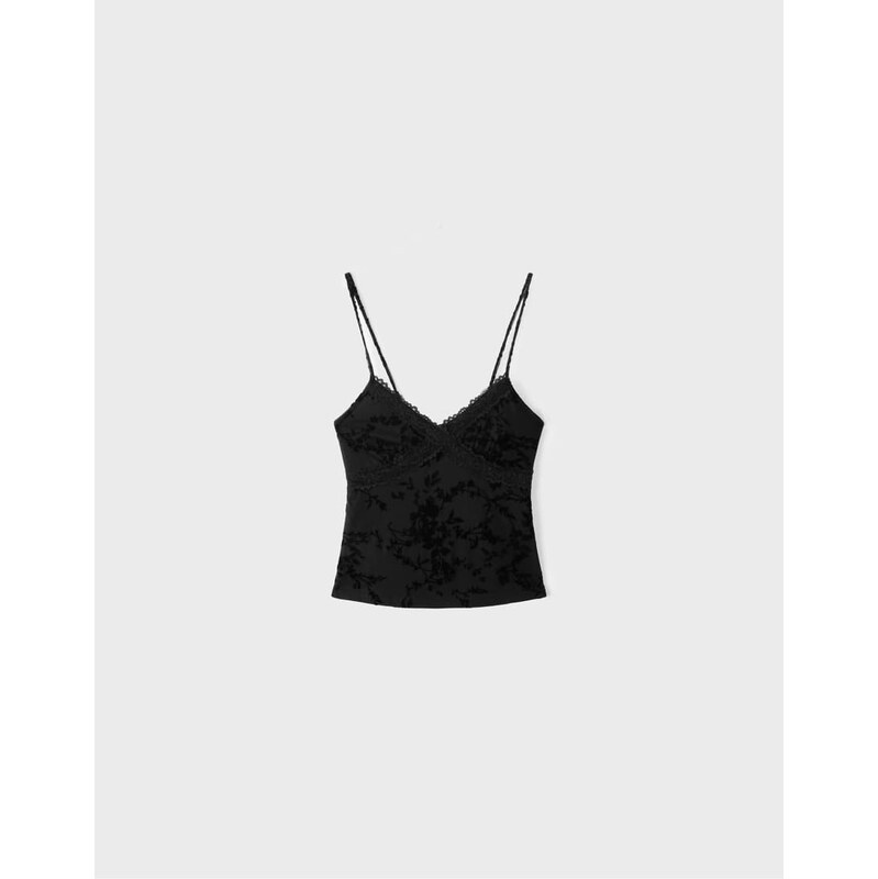Stradivarius Felted lace fitted top in black