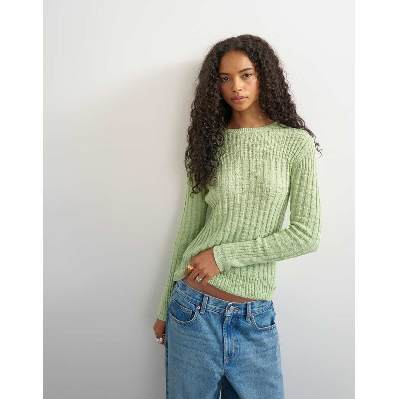 Topshop knitted long sleeve slim fit crew neck ribbed top in