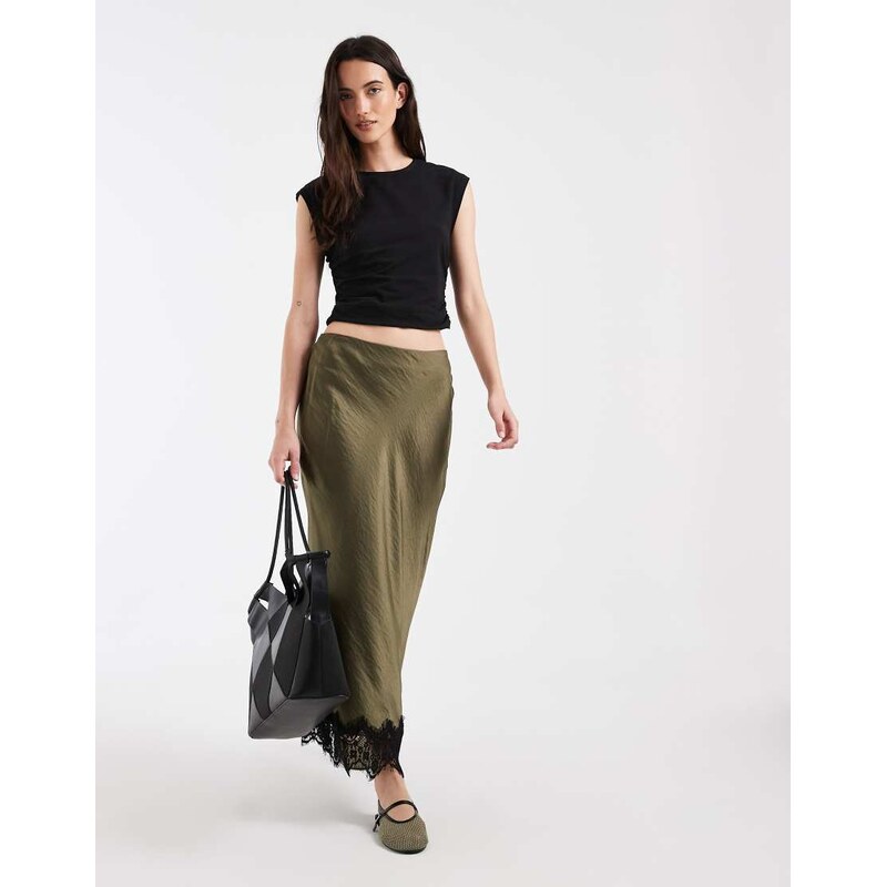 Vero Moda satin midi skirt with lace detail hem in dark green